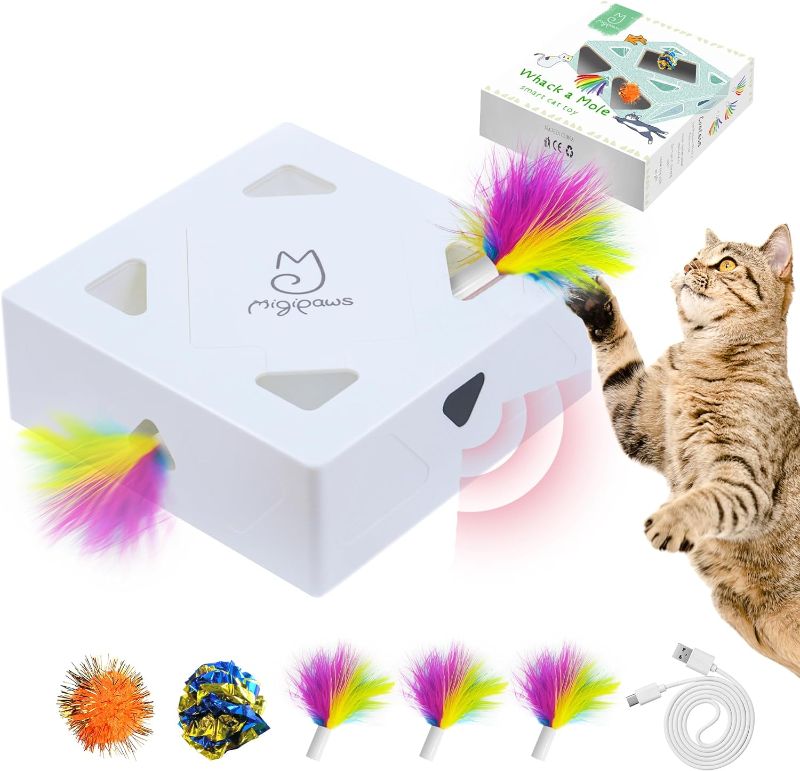 Photo 1 of Migipaws Cat Toys, Interactive Automatic 7 Holes Mice Whack-A-Mole, Ultra Fun Smart Teaser Toy for Indoor Cats, USB Rechargeable, 4 Pieces Feather Refills
