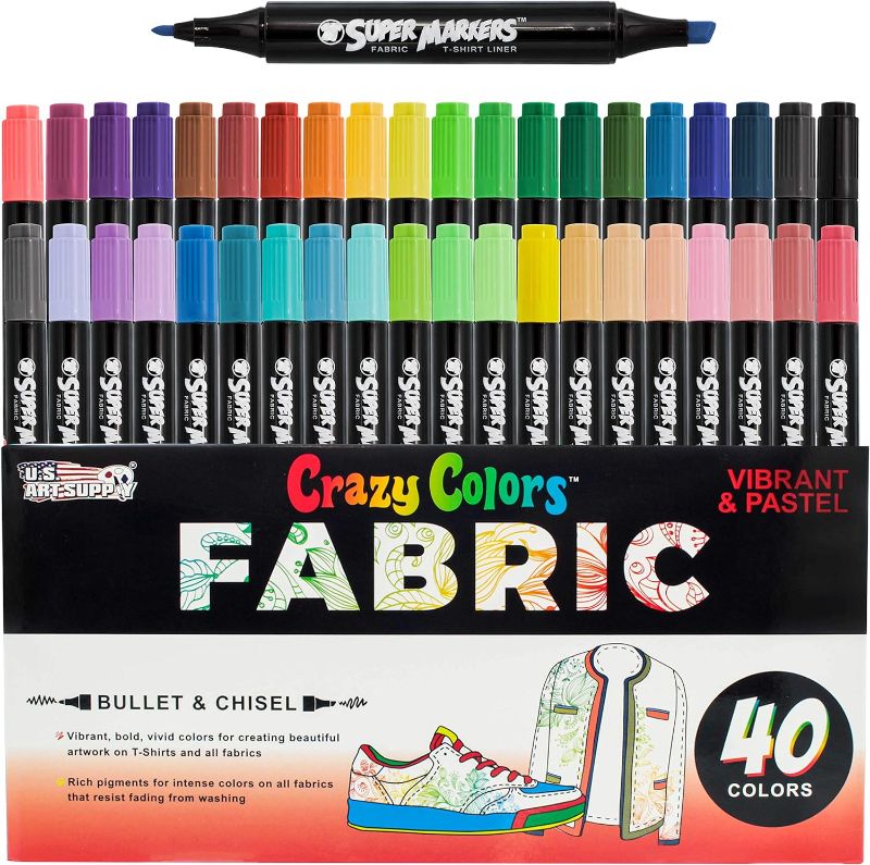 Photo 1 of Super Markers 40 Unique Primary & Pastel Colors Dual Tip Fabric & T-Shirt Marker Set - Double-Ended Fabric Markers with Chisel Point and Fine Point Tips - 40 Permanent Ink Vibrant and Bold Colors
