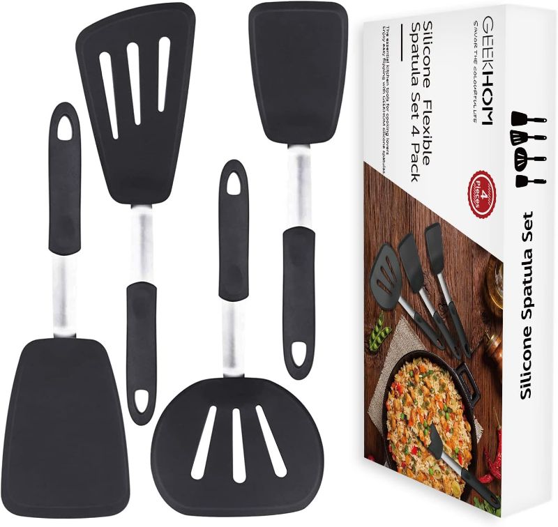 Photo 1 of Silicone Spatula Turner Set of 4, GEEKHOM 600°F Heat Resistant Cooking Spatulas for Nonstick Cookware, Extra Large Flexible Kitchen Utensils BPA Free Rubber Spatulas for Pancake, Eggs, Fish, Black

