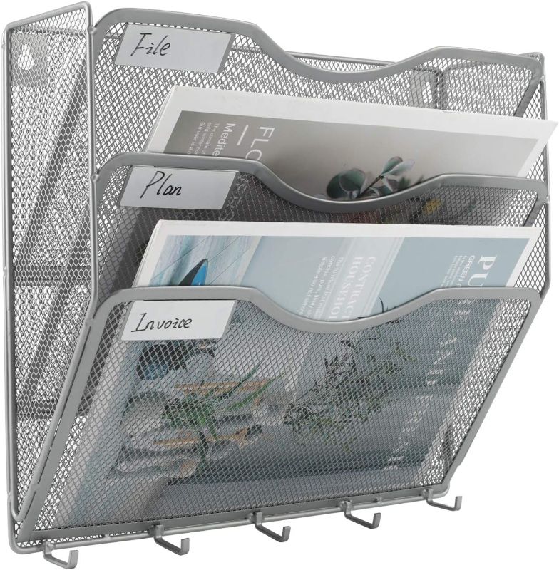 Photo 1 of EasyPAG File Organizer Mesh Hanging Wall File Holder 3 Pocket Paper Magazine Rack with Key Hooks,Silver
