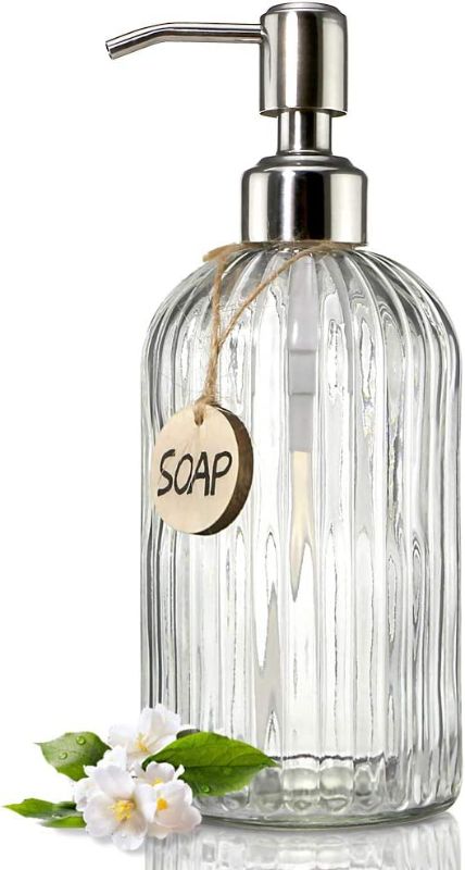 Photo 1 of JASAI 18 Oz Clear Glass Soap Dispenser with Rust Proof Stainless Steel Pump, Refillable Liquid Hand Soap Dispenser for Bathroom, Premium Kitchen Soap Dispenser (Clear).
