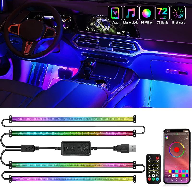 Photo 1 of Nilight RGBIC 72 LED USB Interior Strip Lights DC 12V with App RF Remote Control Multicolor Under Car Dash Lighting 2 Lines Design Music Sync Mode for Cars Truck ATV UTV
