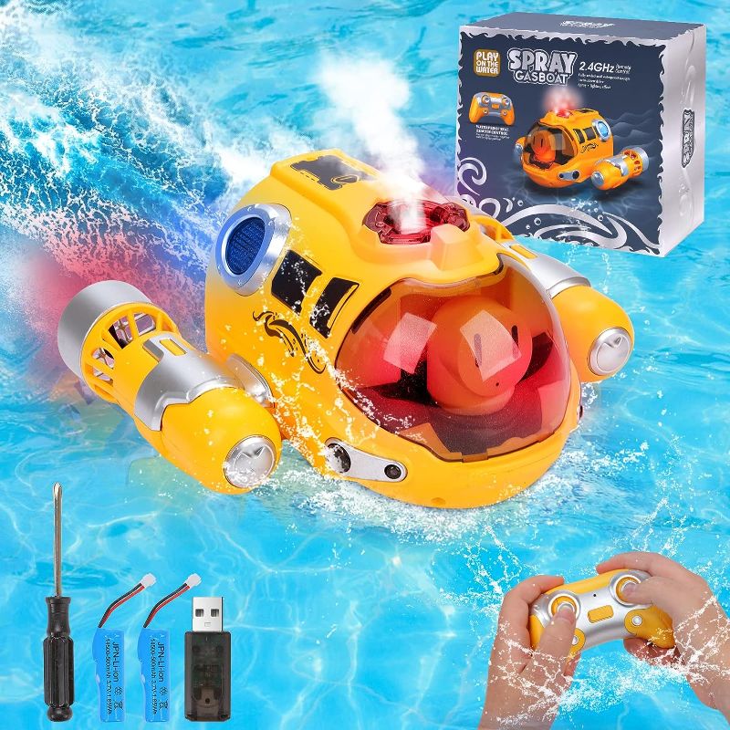 Photo 1 of Chifafortoo Remote Control Pool Toys for Kids 6+, 2.4ghz Fast Mini RC Boat with Spray Gasboat and Led Lights Water Toy for Swimming Pool & Lakes, 2 Rechargeable Batteries
