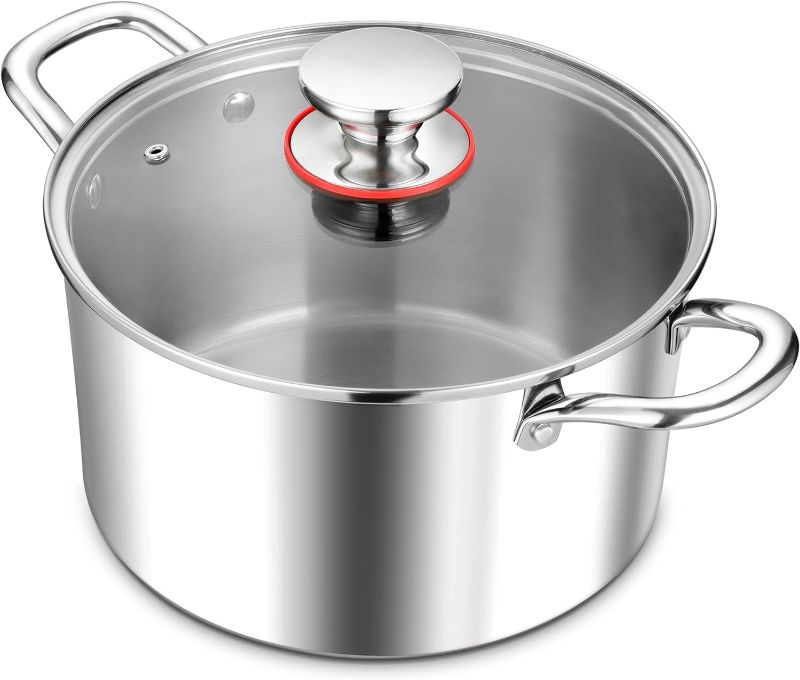 Photo 1 of E-far 5 Quart Stock Pot with Lid, 18/10 Tri-ply Stainless Steel Stockpot for Induction Ceramic Gas Stoves, Heavy Duty Cooking Pot for Pasta Soup Stewing Simmering, Oven and Dishwasher Safe
