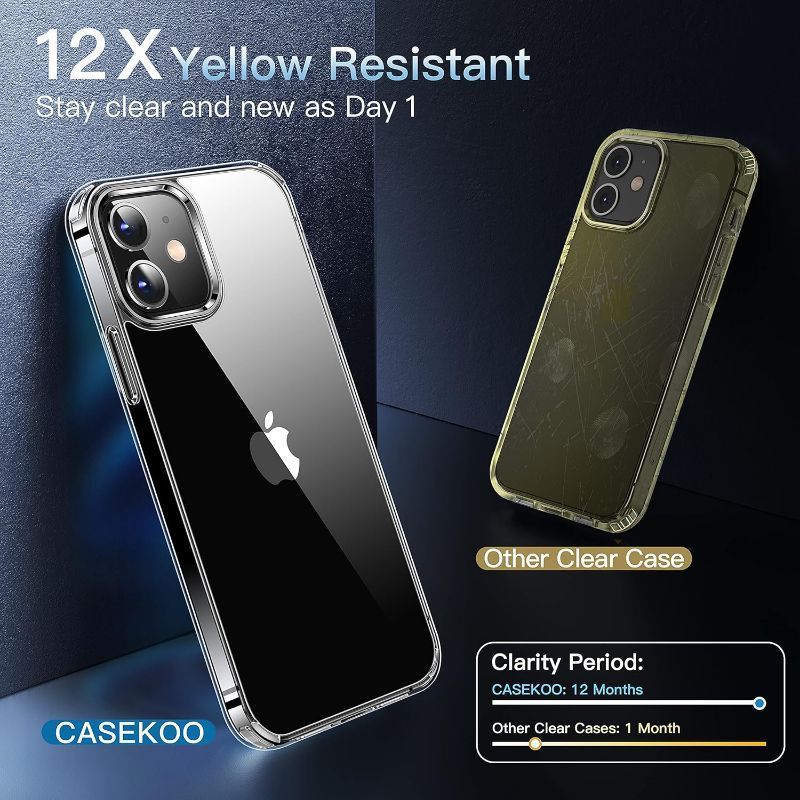 Photo 2 of CASEKOO Crystal Clear Designed for iPhone 12 Case Designed for iPhone 12 Pro Case, [Not Yellowing] [Military Drop Protection] Shockproof Protective Phone Case 6.1 inch 2020 (Clear)
(Pack of 4)