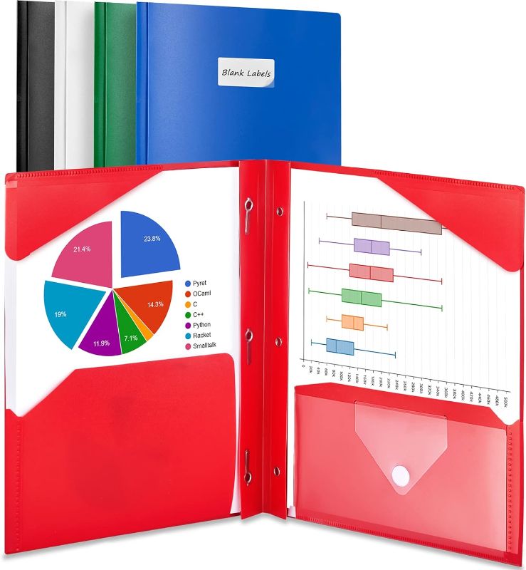 Photo 1 of 5 Pack 2-Pocket Folder with Prongs, Sooez Plastic Folders with Pockets and Prongs Including Labels, Heavy Duty Letter Size Pocket Folders with Prongs, Colored Prong Folders for Schoolwork & Office
