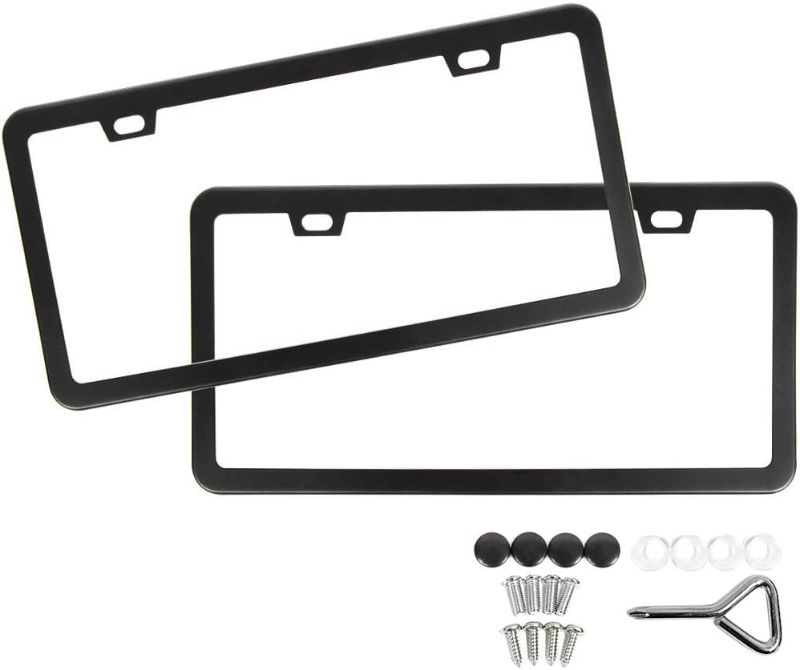 Photo 1 of SunplusTrade License Plate Frame Black Matte Powder Coated Aluminum with Screw Caps (2 Pieces)
