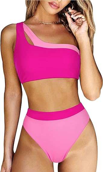 Photo 1 of RXRXCOCO Women One Shoulder High Waisted Bikini Set Color Block High Cut 2 Piece Swimsuit Bathing Suits
(M)