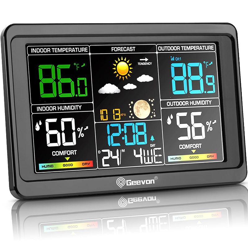 Photo 1 of Geevon Weather Station Wireless Indoor Outdoor Thermometer, Color Display Weather Thermometer, Digital Temperature Gauge with Barometer, Calendar, USB Charge and Adjustable Backlight
