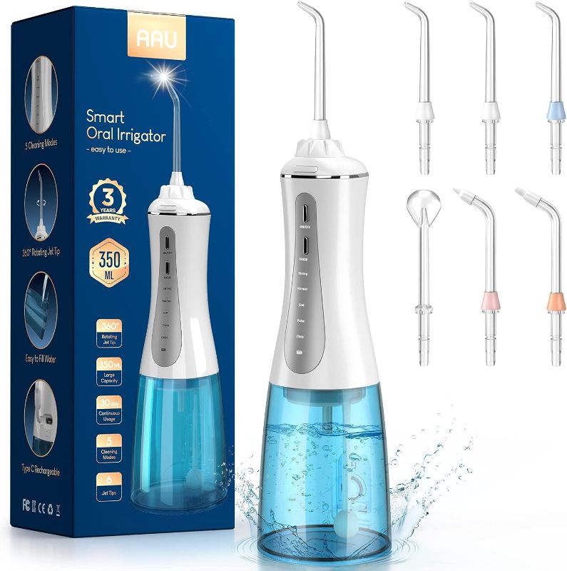 Photo 1 of Cordless Water Dental Flosser for Teeth - 350ML Portable and Rechargeable Oral Irrigator with 5 Modes 6 Replaceable Tips - IPX7 Waterproof Powerful Battery Life Water Dental Picks for Travel Home Use
