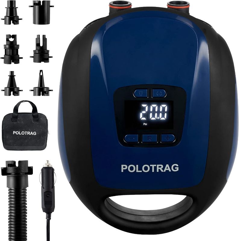 Photo 1 of Polotrag Paddle Board Pump, SUP Electric Pump, Professional 20 PSI Portable Air Compressor with Auto-Off, Deflation Function and 12V DC Car Cigarette Lighter for Inflatables, Kayaks and Boats
