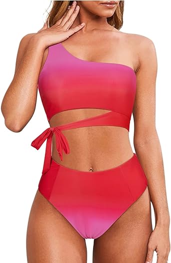 Photo 1 of MOOSLOVER Women One Shoulder High Waisted Bikini Tie High Cut Two Piece Swimsuits
(L)