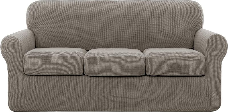 Photo 1 of subrtex 4 Piece Sofa Cover High Stretch Couch Slipcover for 3 Cushion Soft Sofa Slipcover Jacquard Fabric Furniture Covers with Elastic Bottom Machine Washable(Taupe,Large)
