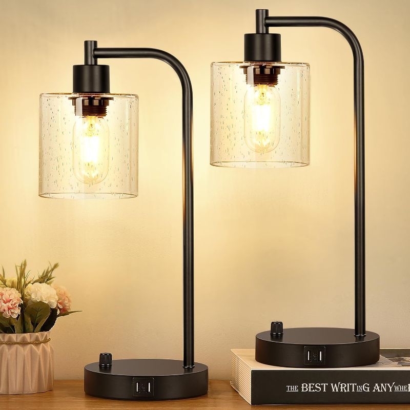Photo 1 of Set of 2 Industrial Table Lamps with 2 USB Port, Fully Stepless Dimmable Lamps for bedrooms, Bedside Nightstand Desk Lamps with Seeded Glass Shade for Reading Living Room Office 2 LED Bulb Included
