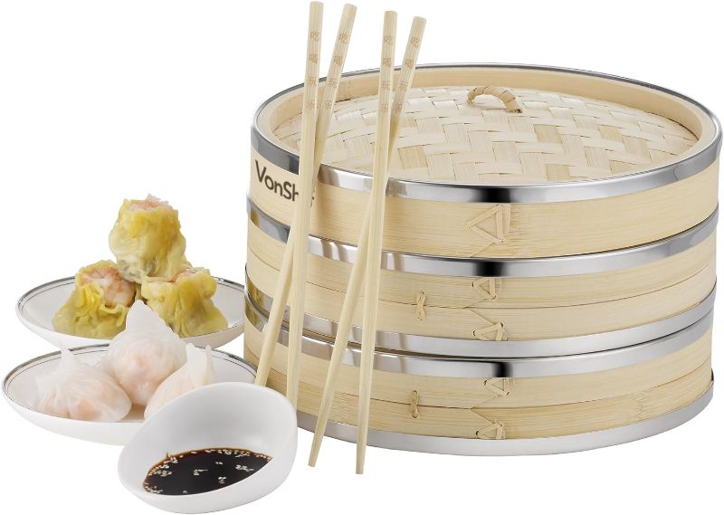 Photo 1 of VonShef Premium 2 Tier Bamboo Steamer with Stainless Steel Banding Includes 2 Pairs of Chopsticks and 50 Wax Steamer Liners, Perfect For Steaming Dim Sum Dumplings Buns Vegetables Fish Rice, 10 Inches
