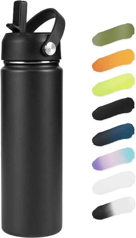 Photo 1 of Kerilyn Stainless Steel Water bottle with Straw & Wide Mouth Lid, Wide Rotating Handle, 24oz Double Wall Vacuum Insulated Water Bottle Leak Proof, BPA Free, Keep Cold and Hot, 24oz, Black
