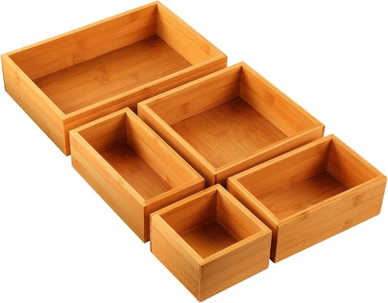 Photo 1 of Pipishell 5-Piece Bamboo Drawer Organizer Set, Varied Sizes Junk Multi-use Storage Box for Office, Home, Kitchen, Bedroom, Bathroom
