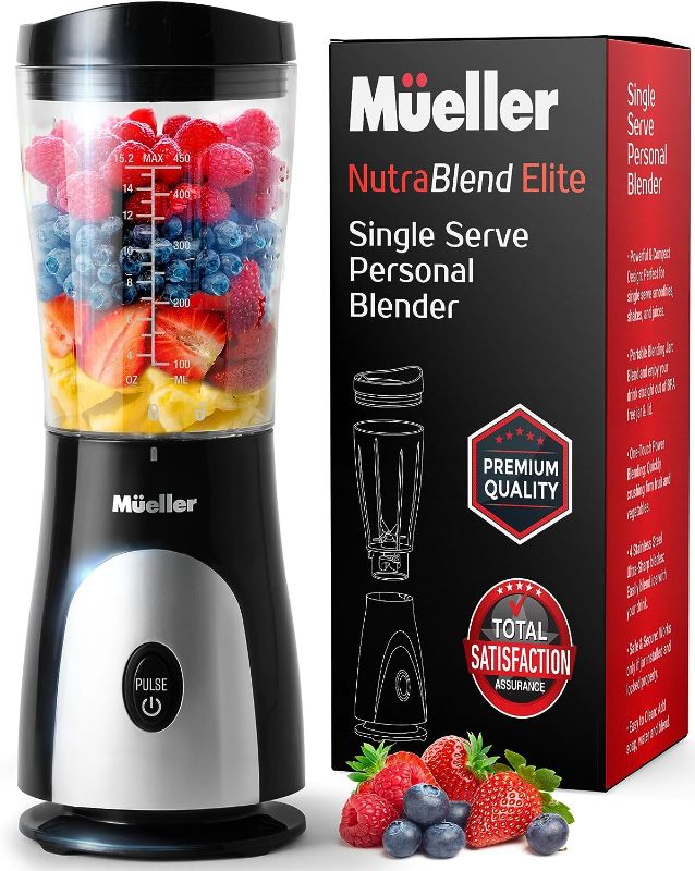 Photo 1 of Mueller Personal Blender for Shakes and Smoothies with 15 Oz Travel Cup and Lid, Juices, Baby Food, Heavy-Duty Portable Blender & Food Processor, Black
