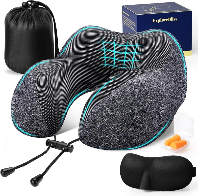 Photo 1 of ExploreBliss Travel Pillow, Travel Pillows for Sleeping Airplane, Removable Cover Neck Pillow with Adjustable Clasp, Memory Foam Neck Pillow Set with Eye Mask, Earplugs and Storage Bag (Dark Grey)
