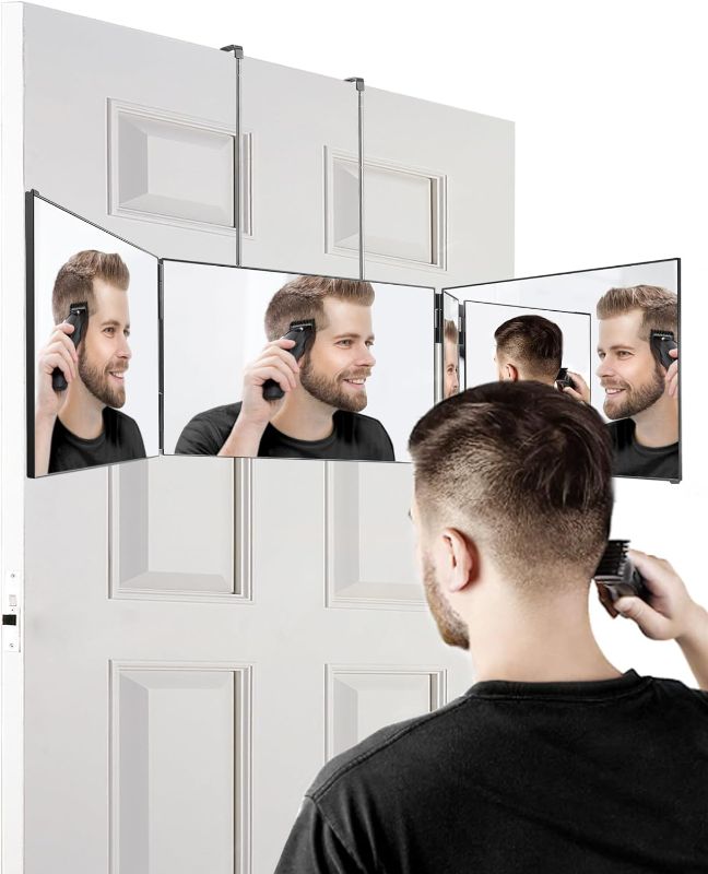 Photo 1 of 2023 New 3 Way Mirror for Hair Cutting, 360 Mirror for Self Hair Cutting,Barber Mirrors for Men Women,Trifold Mirror to See Back of Head,Height Adjustable Telescoping Hook
