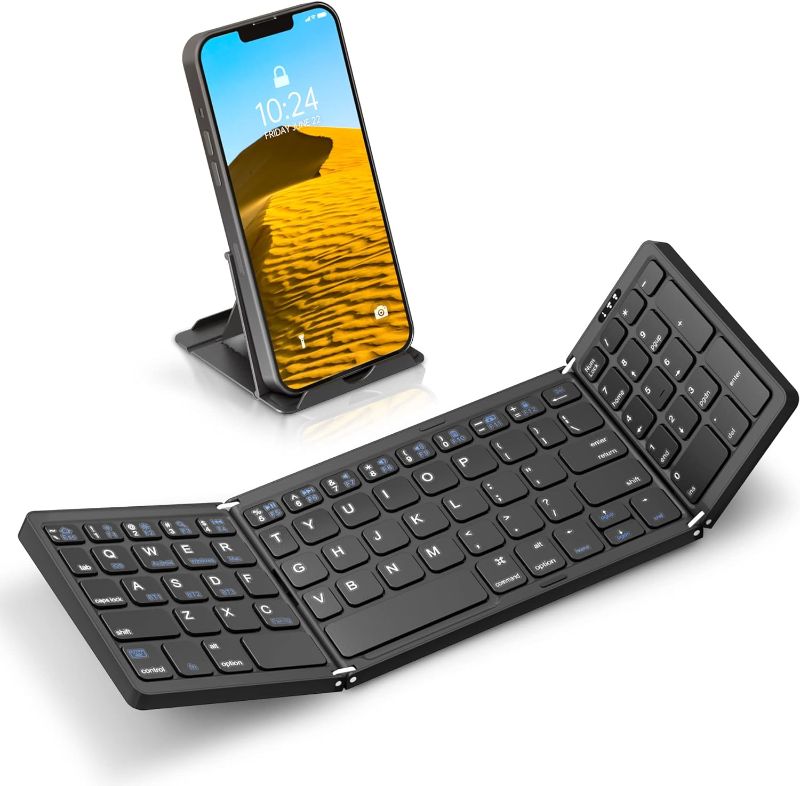 Photo 1 of Samsers Multi-Device Foldable Bluetooth Keyboard with Numeric Keypad Rechargeable Wireless Keyboard (BT5.1 x 3) with Holder, Portable Pocket Folding Keyboard for iOS Android Windows Mac OS - Black
