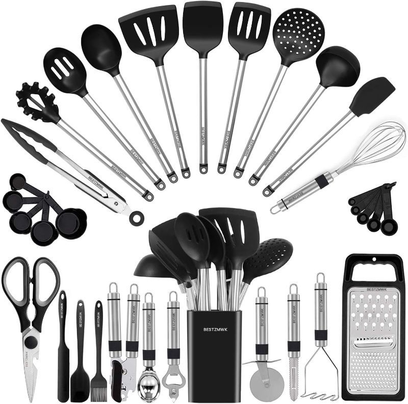 Photo 1 of Kitchen Utensil Set-Silicone Cooking Utensils-33 Kitchen Gadgets & Spoons for Nonstick Cookware-Silicone and Stainless Steel Spatula Set-Best Kitchen Tools, Useful Pots and Pans Accessories
