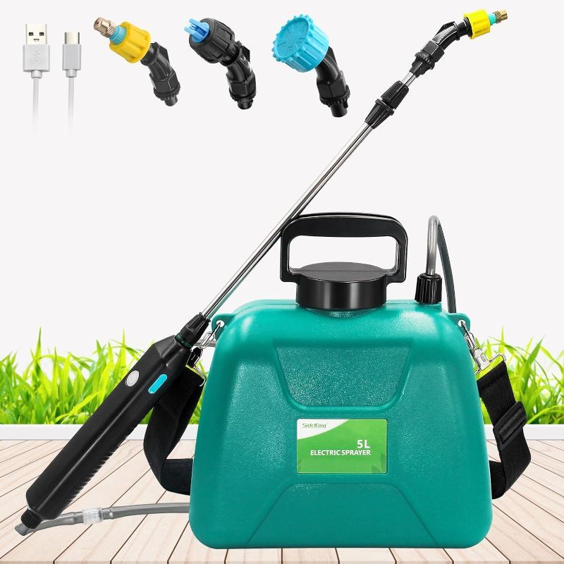 Photo 1 of SideKing 1.35 Gallon/5L Battery Powered Sprayer, Electric Sprayer with USB Rechargeable Handle, Potable Garden Sprayer with Telescopic Wand, 3 Mist Nozzles and Adjustable Shoulder Strap
