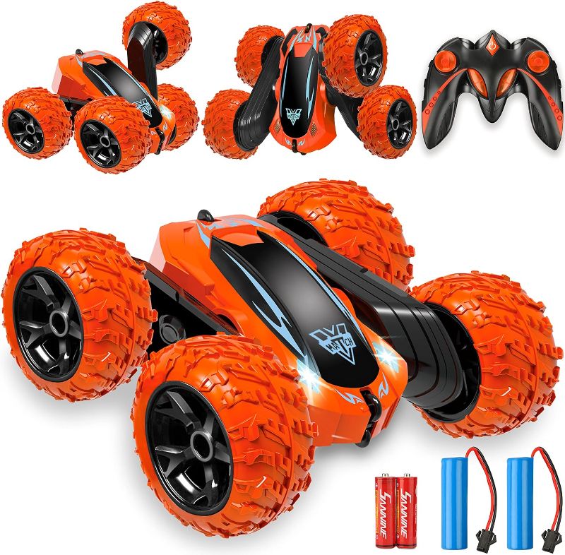 Photo 1 of Remote Control Car, 2.4GHz Electric Race Stunt Car, Double Sided 360° Rolling Rotating Rotation, LED Headlights RC 4WD High Speed Off Road Gift for 3 4 5 6 7 8-12 Year Old Boy Toys (Orange)
