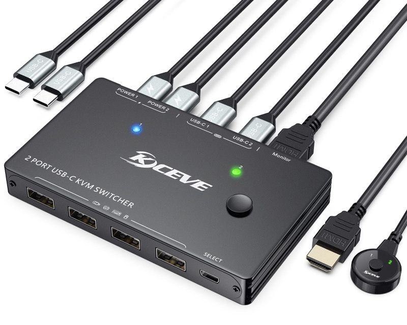 Photo 1 of USB Type-C KVM Switch 4K@60Hz,MLEEDA USB C Switch for 2 Computers Share 1 Monitor and 4 USB Devices,Compatible with Thunderbolt 3,with 100 W Power Delivery Option,Wired Remote and 3 Cables Included
