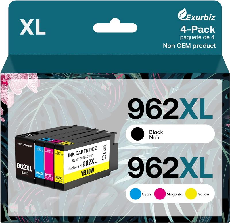Photo 1 of Exurbiz 962XL Ink Cartridges Combo Pack Compatible for HP 962 XL Ink High Yield Work with HP OfficeJet Pro 9010 9015 9020 9018 9025 9018 9019 9012 Printers (Black Cyan Magenta Yellow, 4 Pack)
