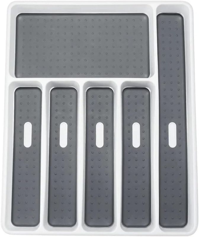 Photo 1 of Large Silverware Tray - White, Kitchen Cutlery Tray Drawer Organizers 6-Compartments| Kitchen Drawer Organizer | Soft-Grip Lining and Non-Slip Rubber Feet | BPA-Free
