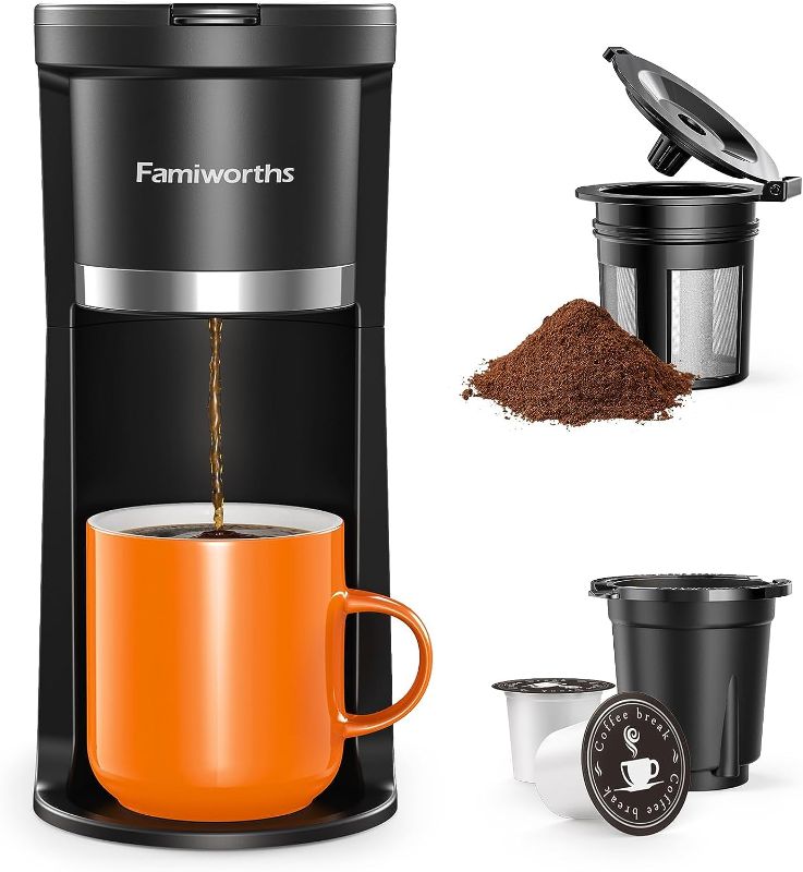 Photo 1 of Famiworths Mini Coffee Maker Single Serve, Instant Coffee Maker One Cup for K Cup & Ground Coffee, 6 to 12 Oz Brew Sizes, Capsule Coffee Machine with Water Window and Descaling Reminder, Black
