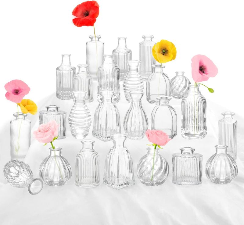 Photo 1 of Bud Vases in Bulk 24, Small Glass Vase for Centerpieces, Vintage Vases for Decor, Mini Clear Single Flower Vase Bulk for Wedding Decor Rustic Decorative Christmas Vases Set Home Table Decorations
