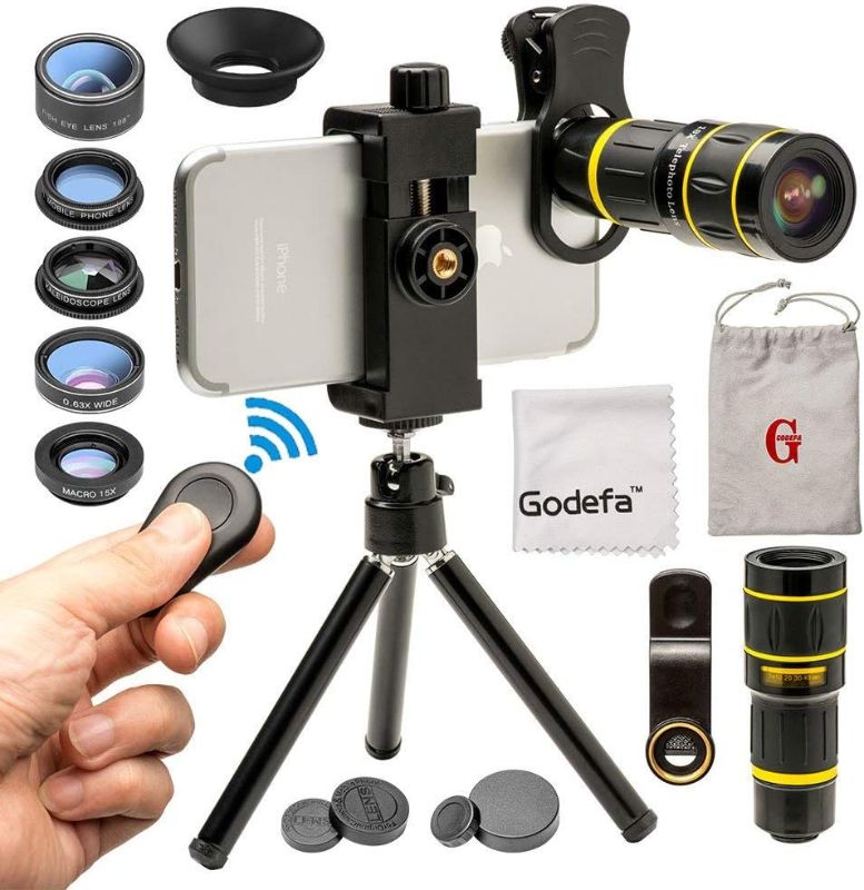 Photo 1 of Godefa Cell Phone Camera Lens with Tripod+ Shutter Remote,6 in 1 18x Telephoto Zoom Lens/Wide Angle/Macro/Fisheye/Kaleidoscope/CPL, Clip-On lense Compatible for iPhone X 8 7 6s Plus, Samsung and More
