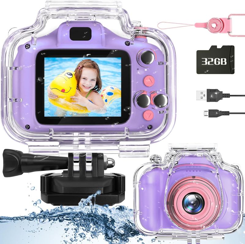 Photo 1 of Miiulodi Kids Waterproof Camera - Birthday Gifts for 3 4 5 6 7 8 9 10 Year Old Girls 2 Inch IPS Screen Underwater Action Camera with 32 GB SD Card, Pool Toys for Kids Age 8-12 Pink
