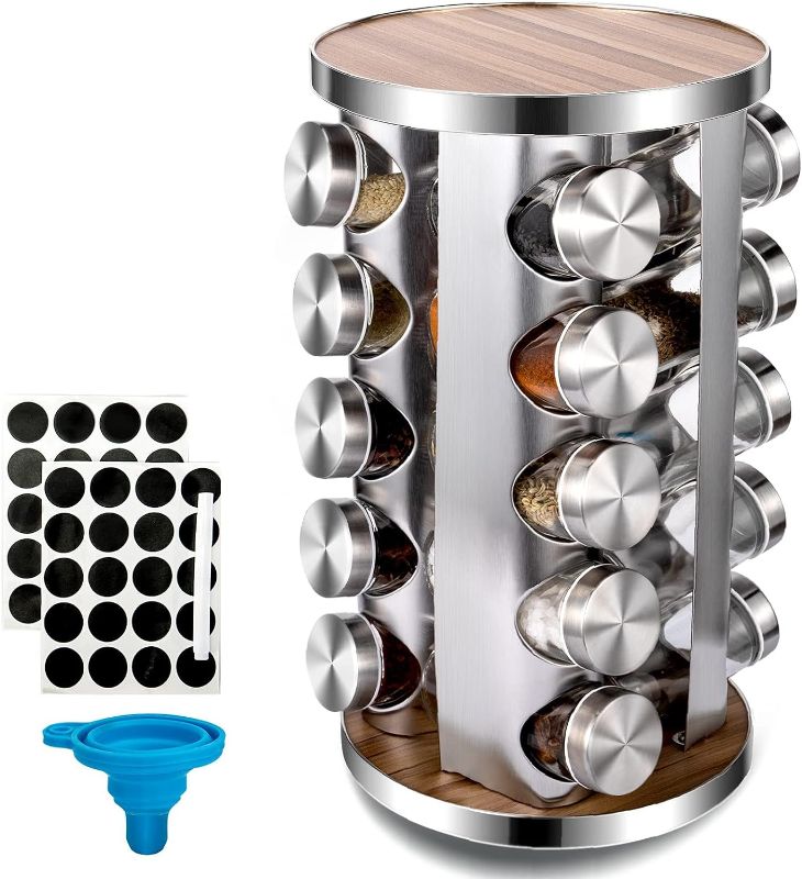 Photo 1 of Rotating Spice Rack with Free 20 Seasoning Jars,Revolving Tower Organizer Stainless Steel for Kitchen Storage,with Reusable Labels and Funnel complete set
