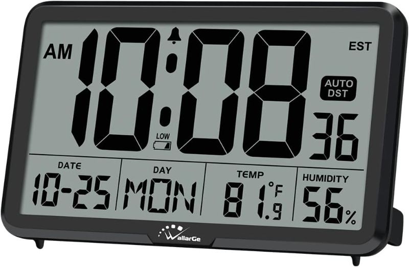 Photo 1 of WallarGe Auto Set Digital Wall Clock Battery Operated, Desk Clocks with Temperature, Humidity and Date, Large Display Digital Calendar Alarm Clock for Elderly, Bedroom, Office, 8 Time Zone, Auto DST.
