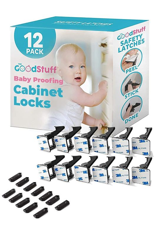 Photo 1 of Cabinet Locks for Babies - 12 Pack - Adhesive Baby Proofing Cabinets Child Locks for Cabinets, Baby Proofing Child Proof Cabinet Latches, Drawer Locks Baby Proofing, Baby Cabinet Safety Locks
