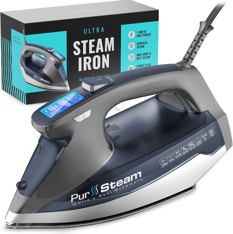 Photo 1 of PurSteam Professional Grade 1800-Watt Steam Iron with Digital LCD Screen, 3-Way Auto-Off, Double-Layer Ceramic Soleplate, Axial Aligned Steam Holes, Self-Clean with 9 Preset Steam & Temp Settings
