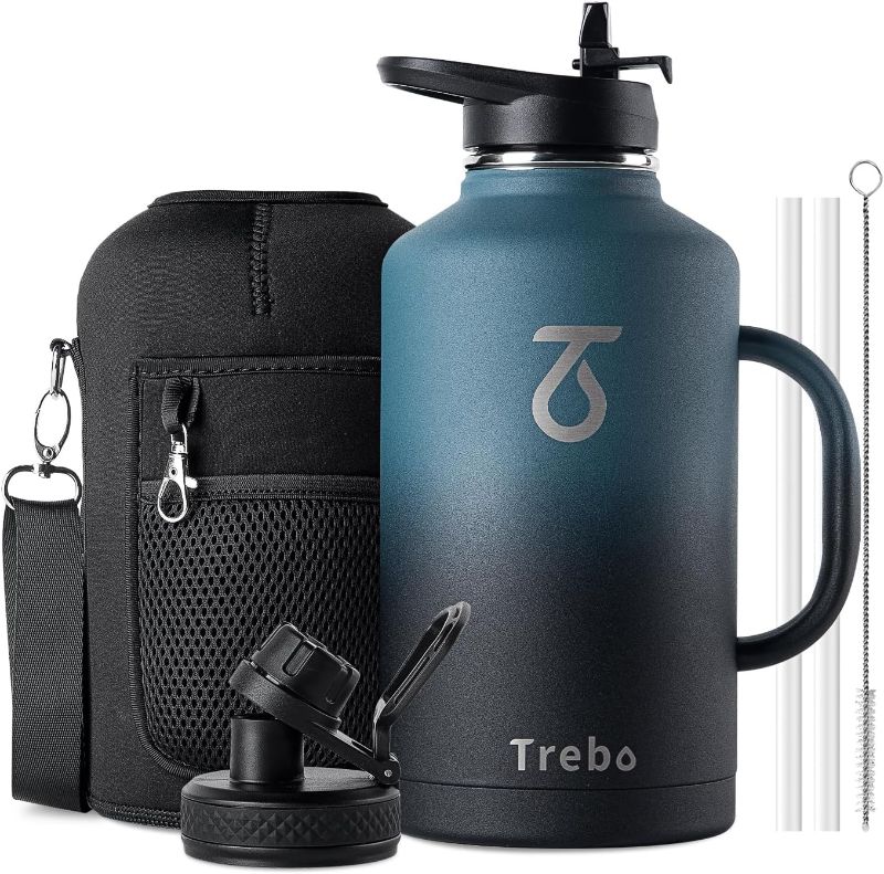Photo 1 of Trebo 64 oz Water Bottle Insulated with Handle, Half Gallon Stainless Steel Metal Large Jug,Travel Flask with Straw Spout Lid,Mug Tumbler Cup with Carry Pouch,Keep Cold Hot, Indigo Black
