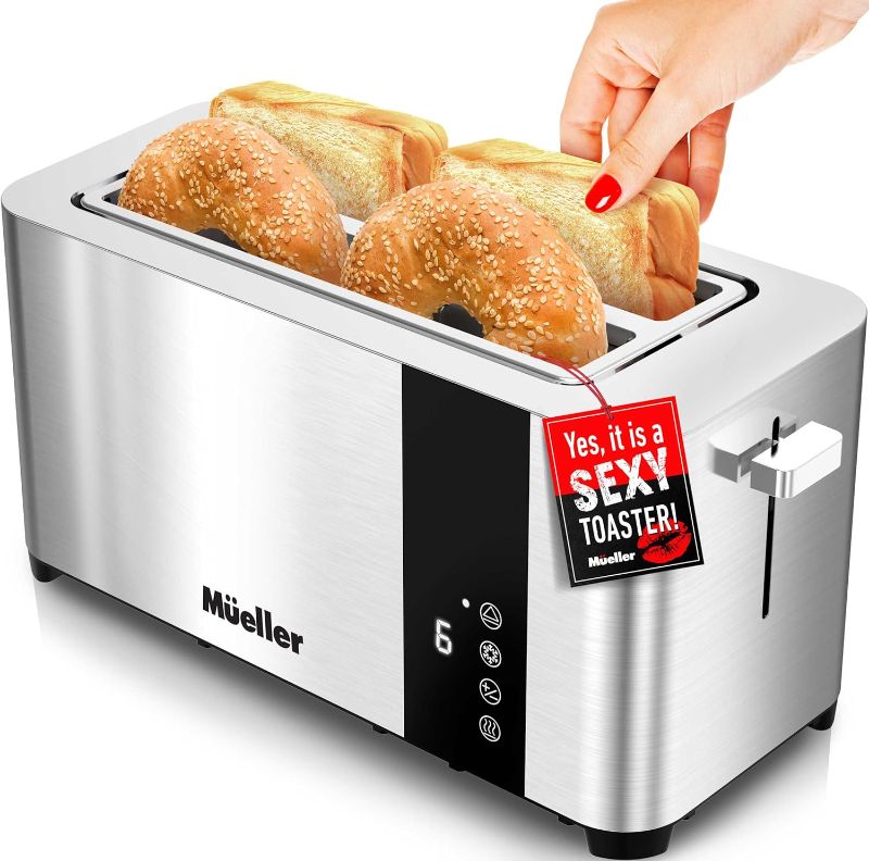 Photo 1 of Mueller UltraToast Full Stainless Steel Toaster 4 Slice, Long Extra-Wide Slots with Removable Tray, Cancel/Defrost/Reheat Functions, 6 Browning Levels with LED Display

