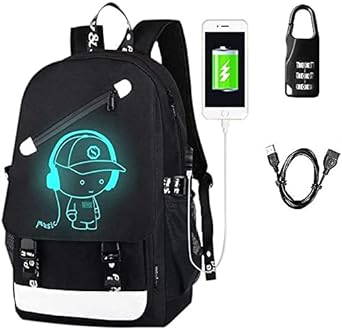 Photo 1 of Hjkiopc Anime Luminous Backpack Noctilucent School Bags Daypack USB chargeing port Laptop Bag Handbag For Boys Girls Men Women (Music boy 2)
