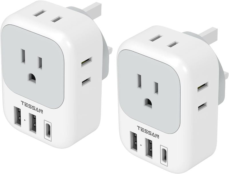 Photo 1 of US to UK Plug Adapter 2 Pack, TESSAN Type G Travel Converter with 4 Outlets 3 USB Charger(1 USB C Port), Power Adaptor for USA to Ireland Scotland Dubai Hong Kong England British Kenya London
