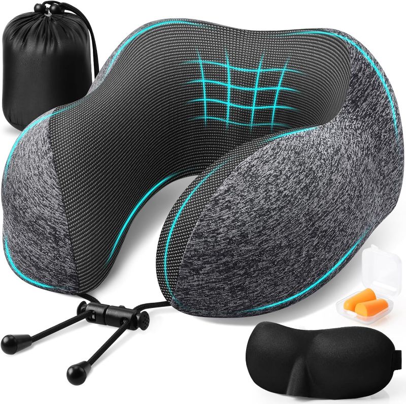 Photo 1 of ExploreBliss Travel Pillow, Travel Pillows for Sleeping Airplane, Removable Cover Neck Pillow with Adjustable Clasp, Memory Foam Neck Pillow Set with Eye Mask, Earplugs and Storage Bag (Dark Grey)
