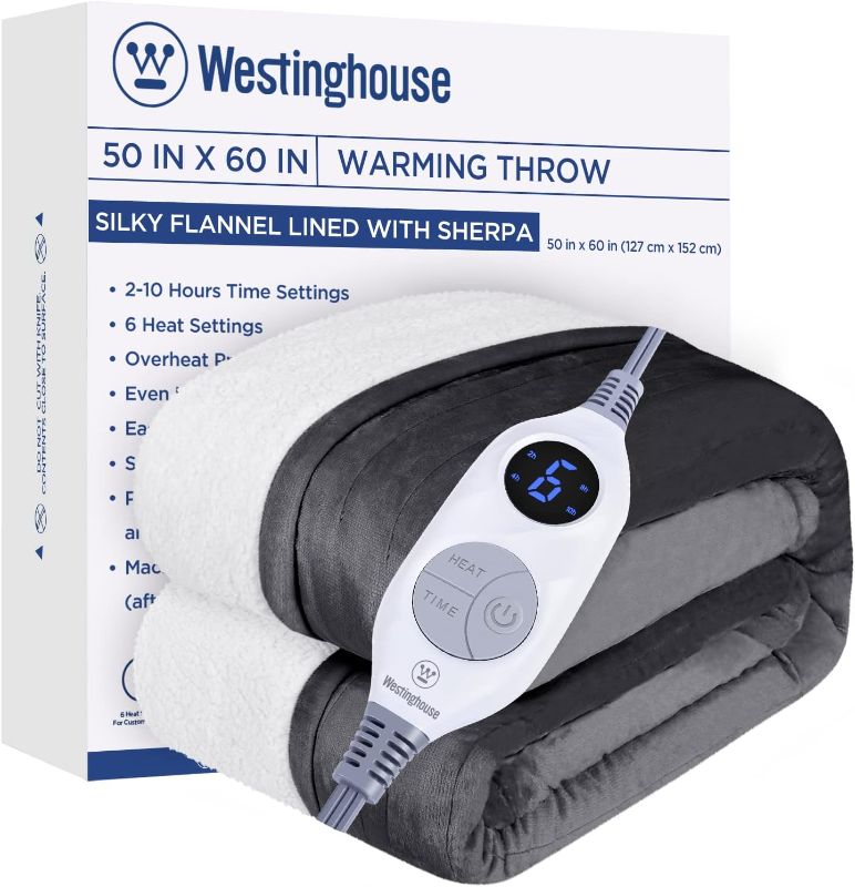 Photo 1 of Westinghouse Electric Blanket Throw Heated Blanket with 6 Heating Levels and 2-10 Hours Time Settings, Flannel to Sherpa Super Cozy Heated Blanket Machine Washable, 50x60 inch, Charcoal
