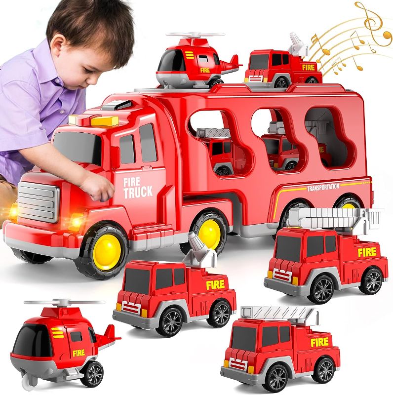 Photo 1 of iHaHa Fire Truck Toys for 1 2 3 4 5 6 Years Old Boys Toddler, 5 in 1 Kids Carrier Toy Birthday, Car Friction Power Toys with Light Sound
