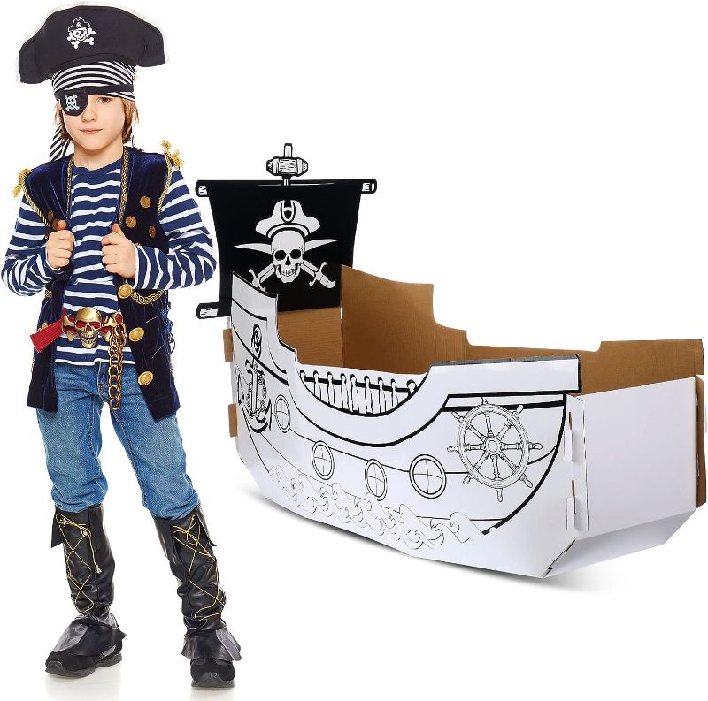 Photo 1 of Coloring Pirate Boat Playhouse DIY Cardboard House for Kids Fun Halloween Crafts Large Decorate Kids Outdoor Playhouse for Boys Girls Toddlers Gift Indoor Outdoor Storage Folds Easily
