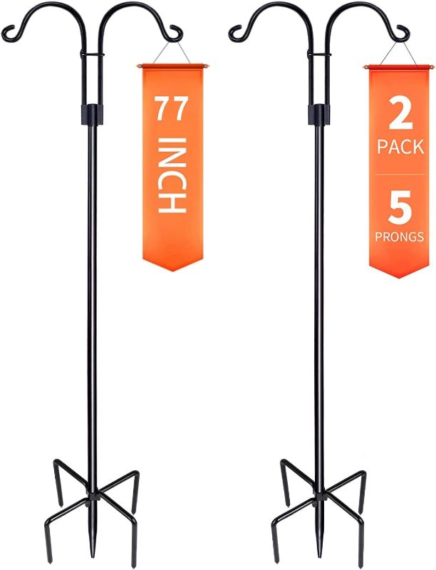 Photo 1 of XDW-GIFTS Double Shepherds Hooks for Outdoor, 2-Pack Heavy Duty Garden Pole for Hanging Bird Feeder, Plant Baskets, Solar Light Lanterns, Garden Plant Hanger Stands with 7 Base Prongs
