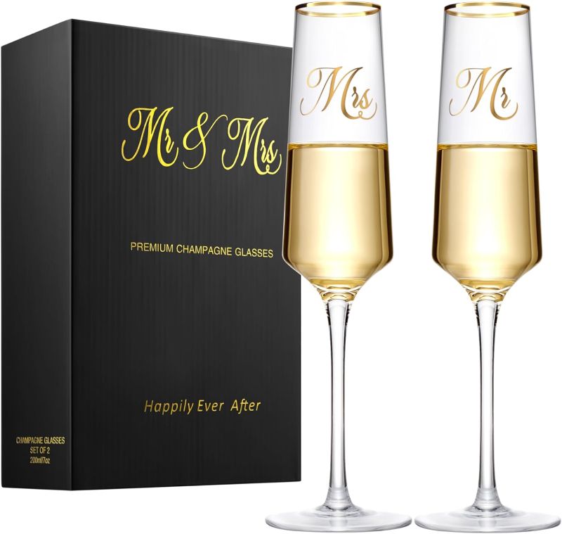 Photo 1 of Mr and Mrs Champagne Flutes with Long Stem,Bride and Groom Toasting Glass,Classy 7oz Square Wine Glasses Set of 2, Bridal Shower Unique Gift for Wedding, Anniversary, Engagement Gifts for Couples
