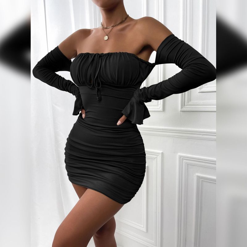 Photo 2 of Women's Sexy Wrap Breast Dress Chest Pleated Flared Sleeve Hip Skirt XS